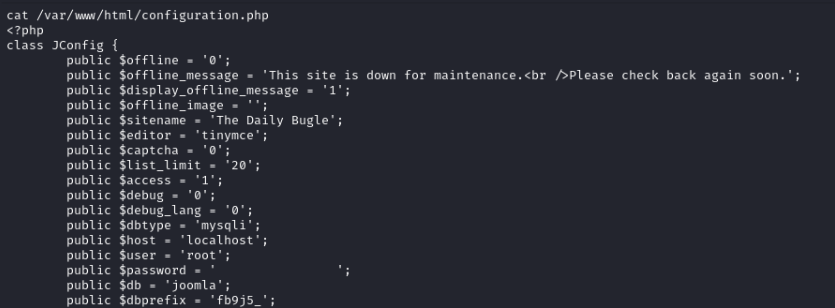 joomla configuration.php file content with user password