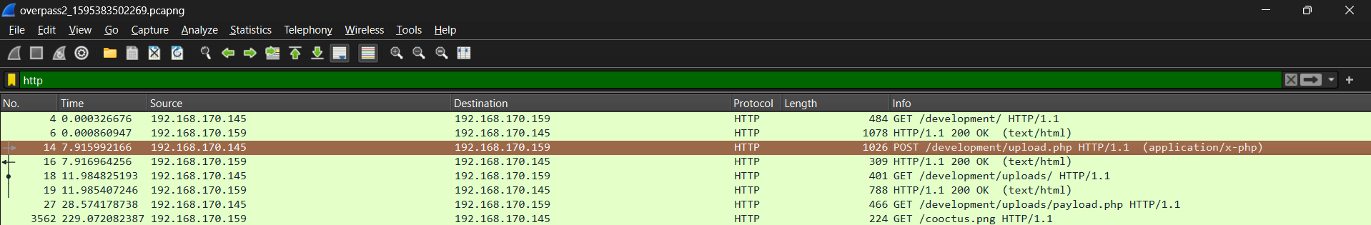 wireshark view of the pcap file filtered by http