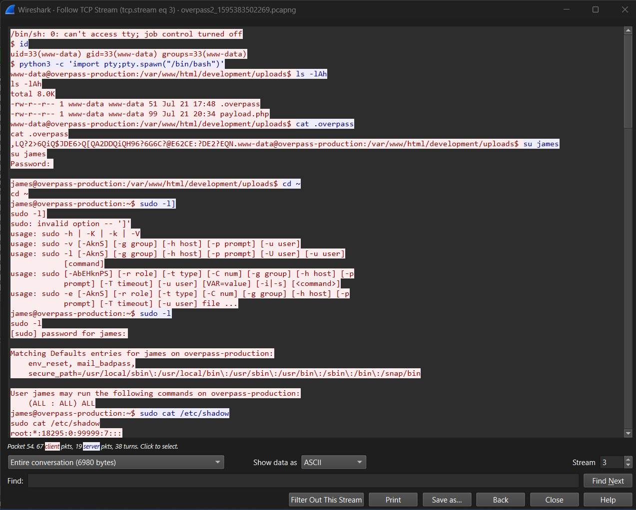 wireshark view of the attacker commands tcp stream