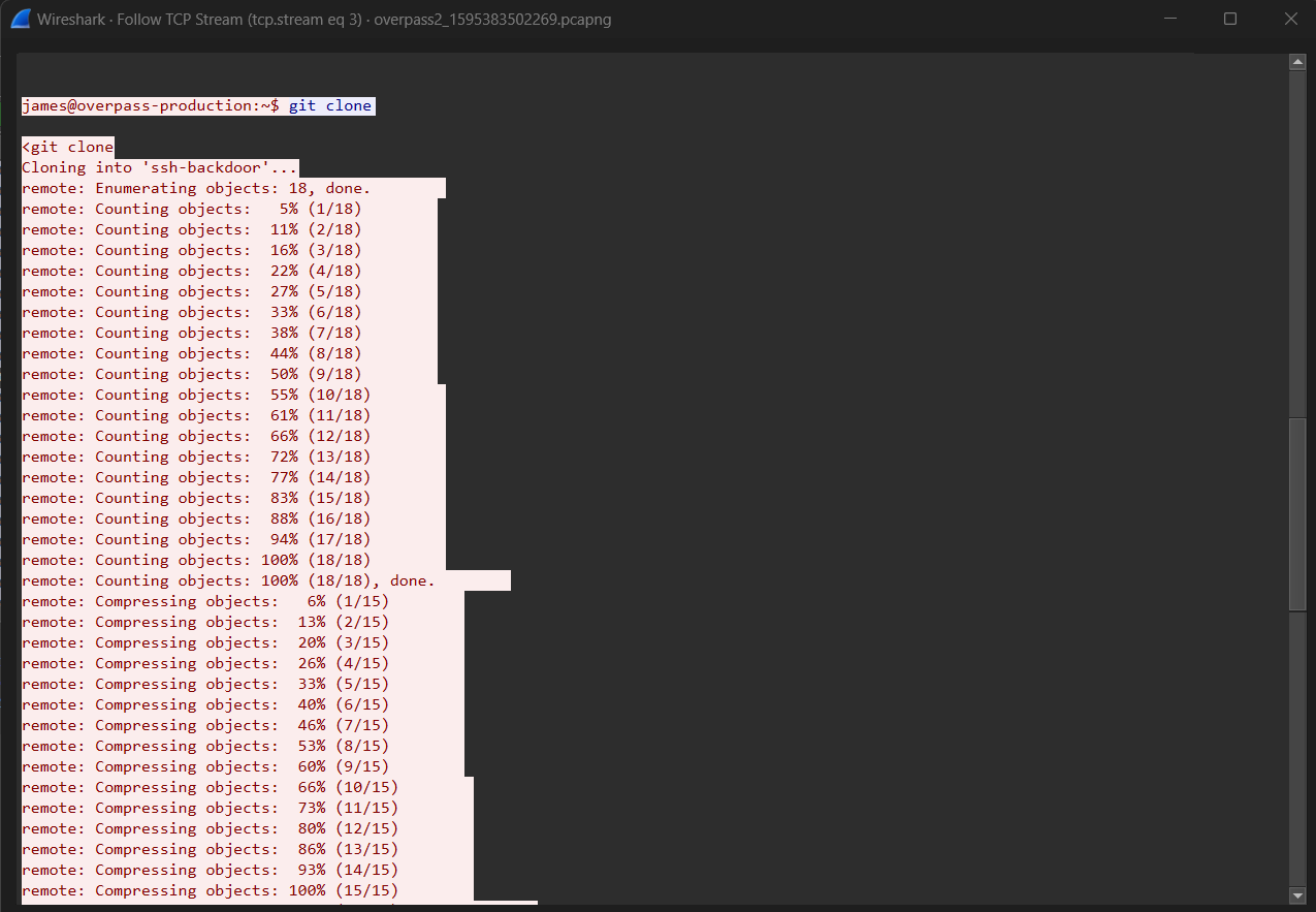 wireshark view of a git clone process cloning a github repository to establish persistence