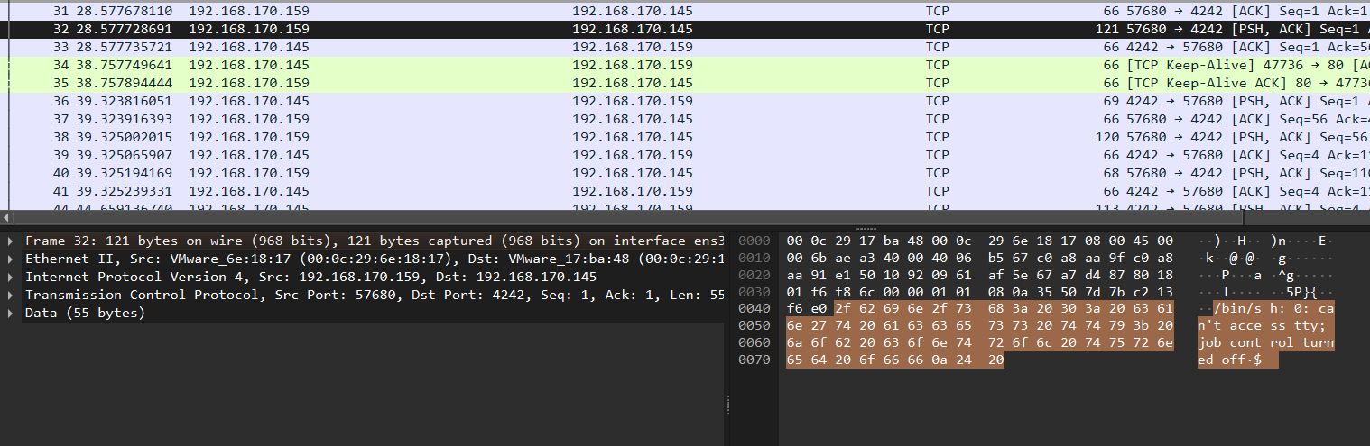 wireshark view of the package number 32 uploading a reverse shell